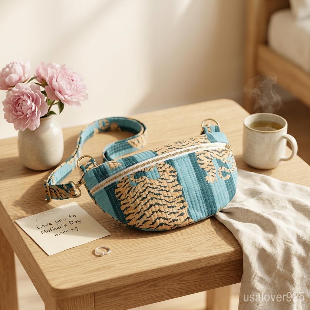 Blue Tiger Print Quilted Crossbody Bag, Cotton Mini Travel Purse, Boho Animal Print Tote