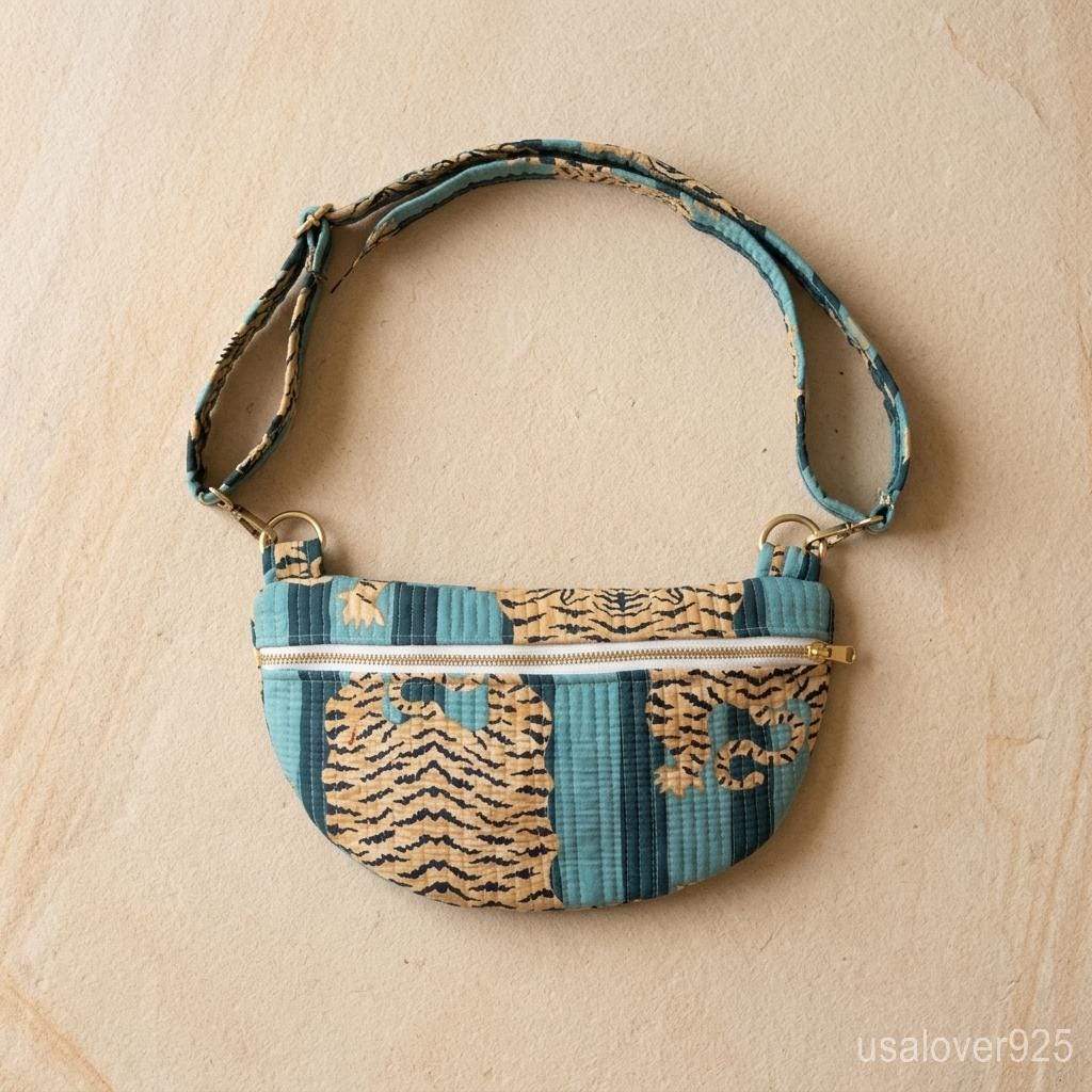 Blue Tiger Print Quilted Crossbody Bag, Cotton Mini Travel Purse, Boho Animal Print Tote