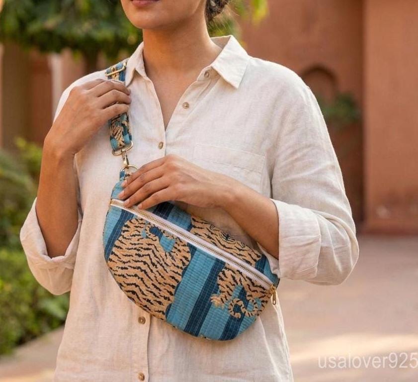 Blue Tiger Print Quilted Crossbody Bag, Cotton Mini Travel Purse, Boho Animal Print Tote