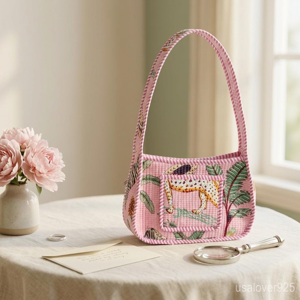 Pink Floral Block Print Shoulder Bag, Quilted Cotton Boho Sling Purse, Handmade Artisan Gift