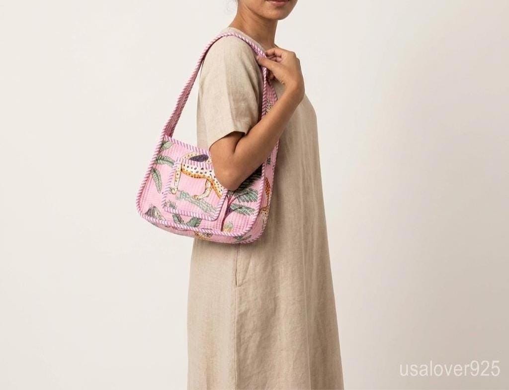 Pink Floral Block Print Shoulder Bag, Quilted Cotton Boho Sling Purse, Handmade Artisan Gift