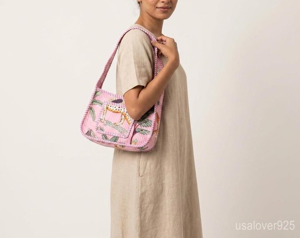 Pink Floral Block Print Shoulder Bag, Quilted Cotton Boho Sling Purse, Handmade Artisan Gift