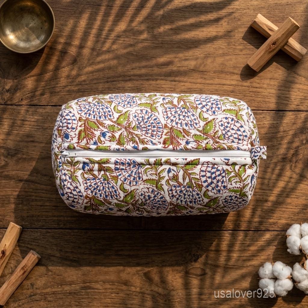 White Floral Quilted Cotton Toiletry Bags Set of 3 with Waterproof Plastic Lining