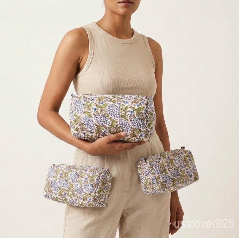 White Floral Quilted Cotton Toiletry Bags Set of 3 with Waterproof Plastic Lining