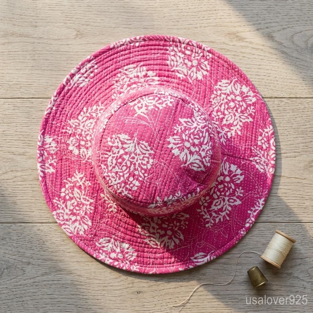 Reversible Pink Block Print Bucket Hat, Quilted Cotton Boho Sun Cap, Handmade Summer Gift