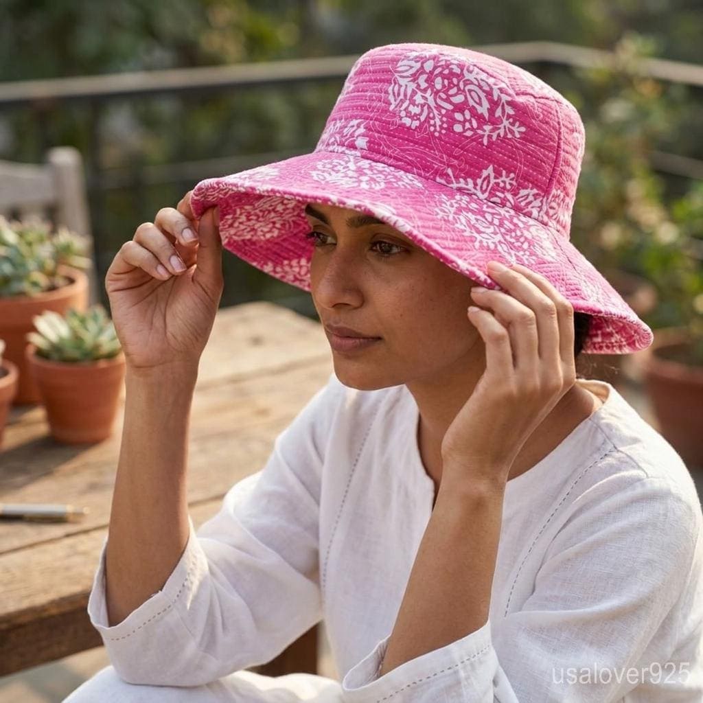 Reversible Pink Block Print Bucket Hat, Quilted Cotton Boho Sun Cap, Handmade Summer Gift