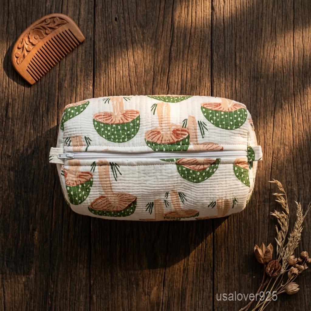 Mushroom Print Quilted Cosmetic Bags – Handmade Cotton Travel Pouches Set