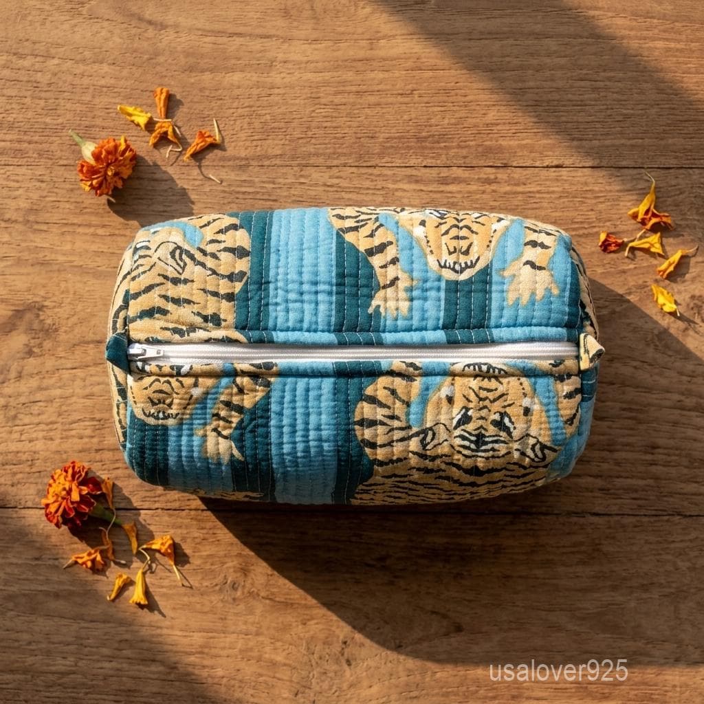 Hand Block Print Quilted Cosmetic Bag Set – Blue Tiger Cotton Travel Pouches (of 3)