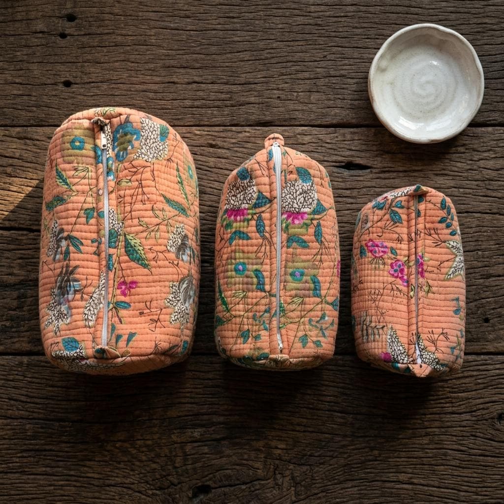 Peach Floral Quilted Cosmetic Bag Set – Hand Block Print Cotton Toiletry Pouches