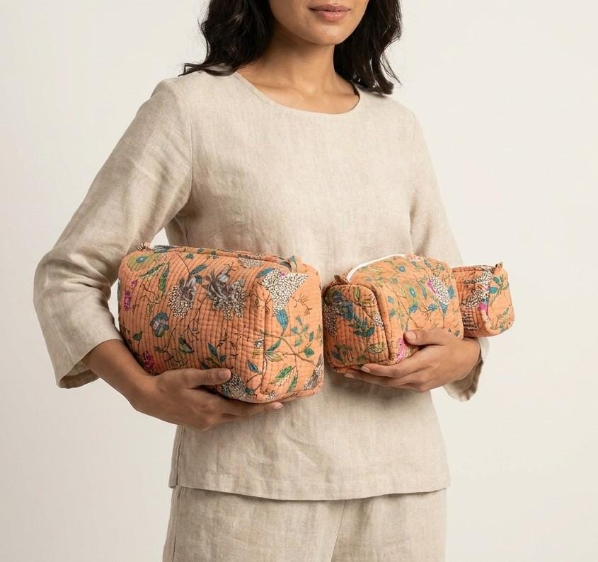 Peach Floral Quilted Cosmetic Bag Set – Hand Block Print Cotton Toiletry Pouches