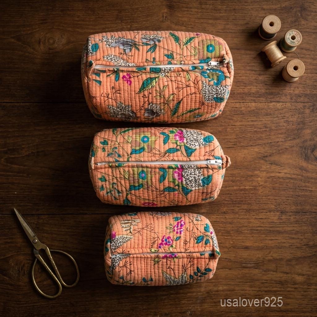 Peach Floral Quilted Cosmetic Bag Set – Hand Block Print Cotton Toiletry Pouches