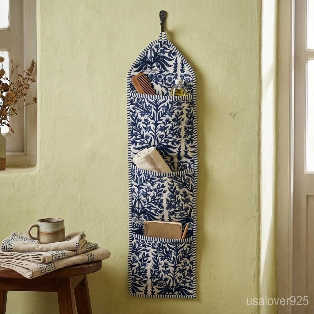 Blue Floral Hanging Wall Organizer, Quilted Cotton 3-Pocket Storage, Boho Decorative Home Gift