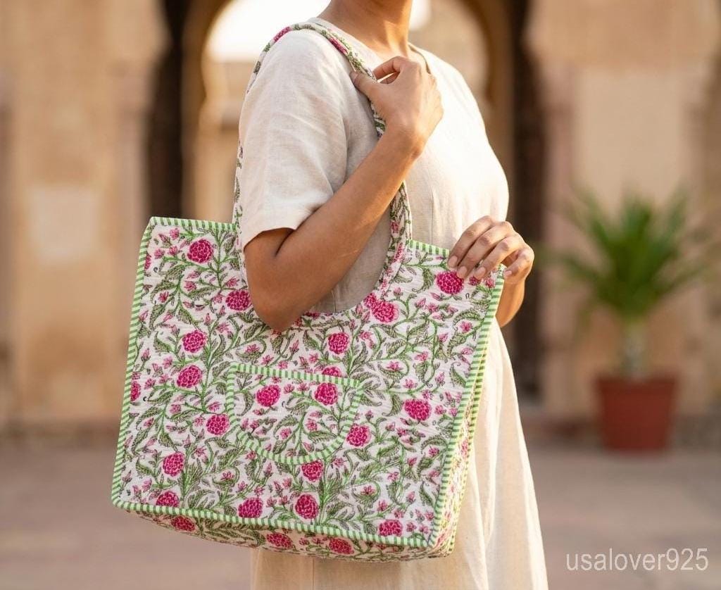 Handmade Quilted Cotton Tote, Floral Indian Ethnic Shopper, Sustainable Artisan Gift her