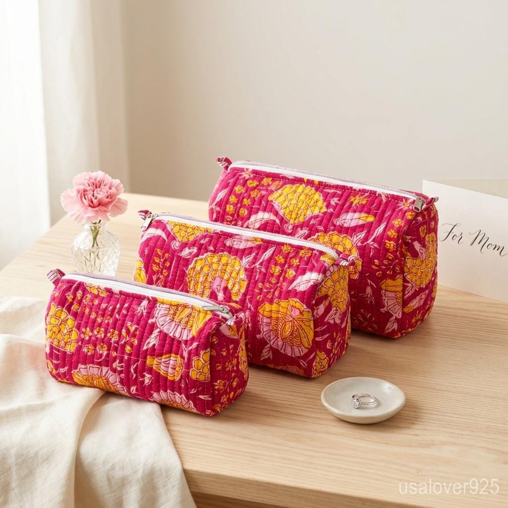 Set of 3 Pink Floral Quilted Cotton Pouches, Boho Travel Cosmetic Bags