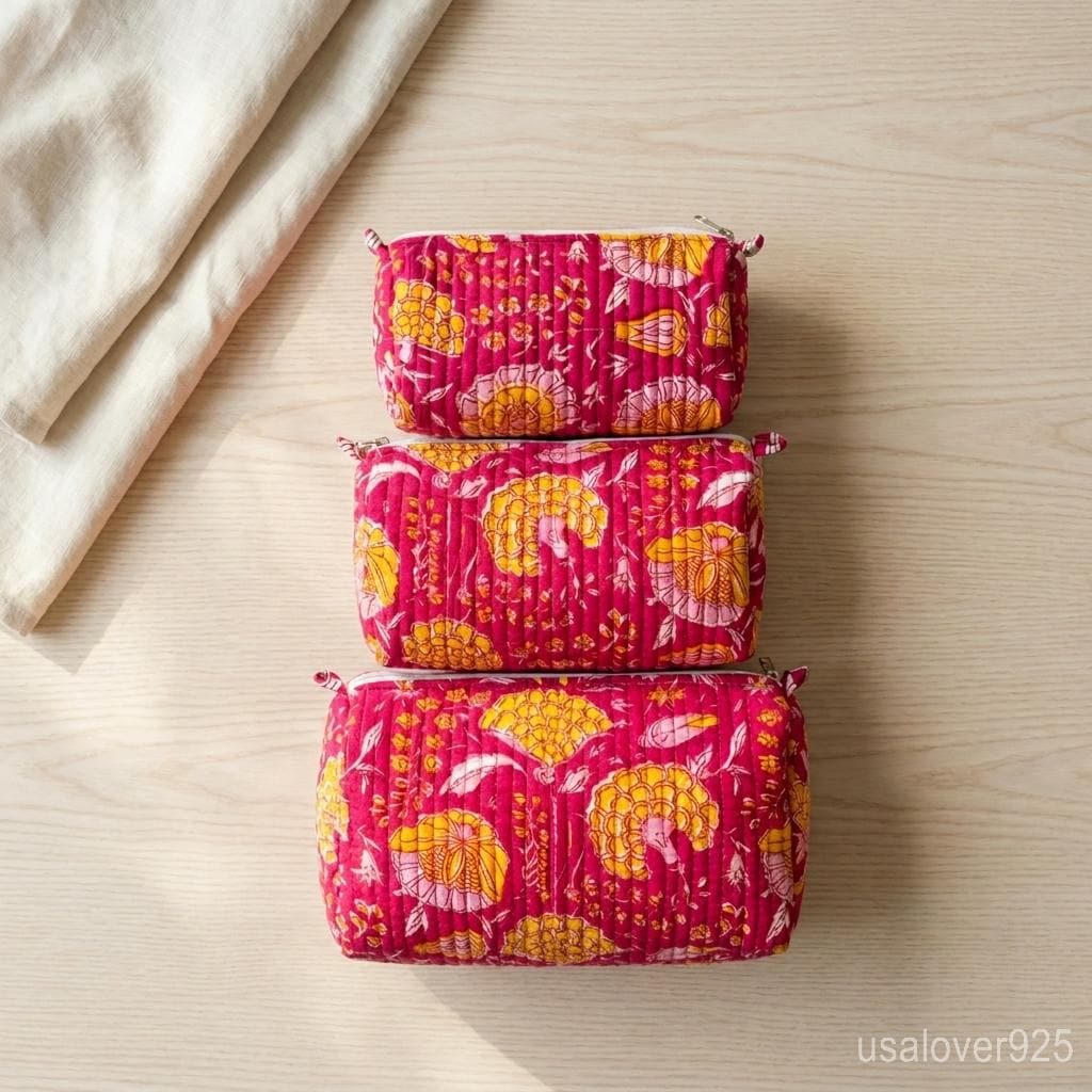 Set of 3 Pink Floral Quilted Cotton Pouches, Boho Travel Cosmetic Bags