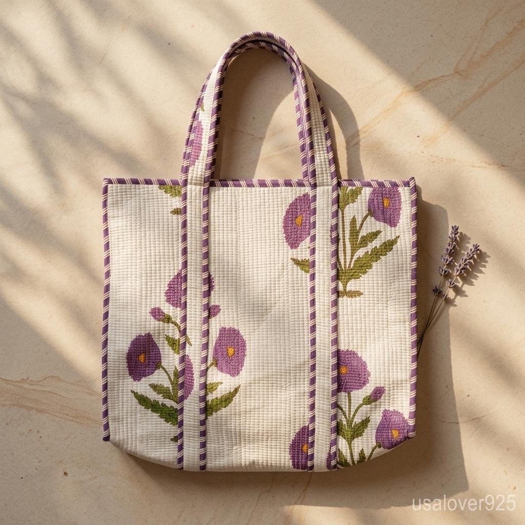 Extra Large Floral Quilted Tote, Purple Green Cotton Boho Shoulder Bag