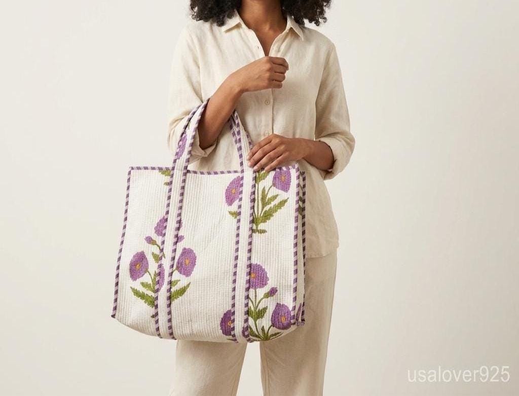 Extra Large Floral Quilted Tote, Purple Green Cotton Boho Shoulder Bag