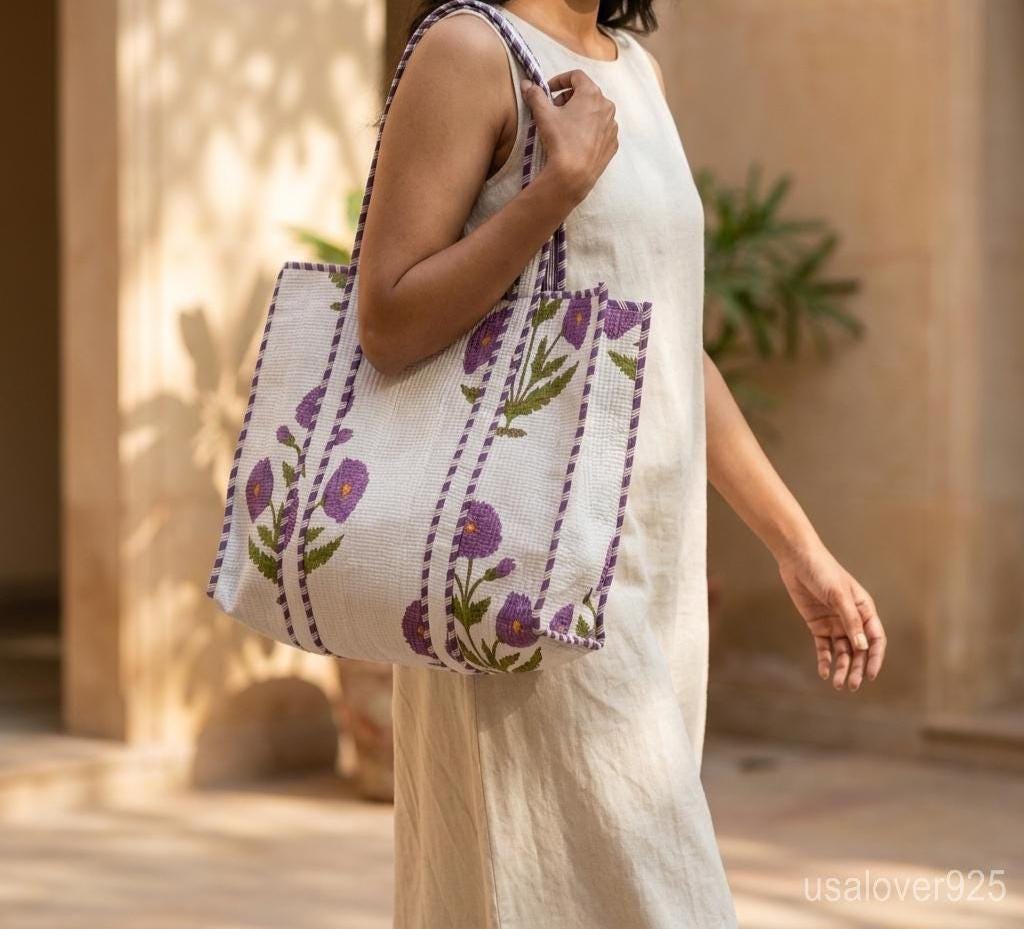 Extra Large Floral Quilted Tote, Purple Green Cotton Boho Shoulder Bag