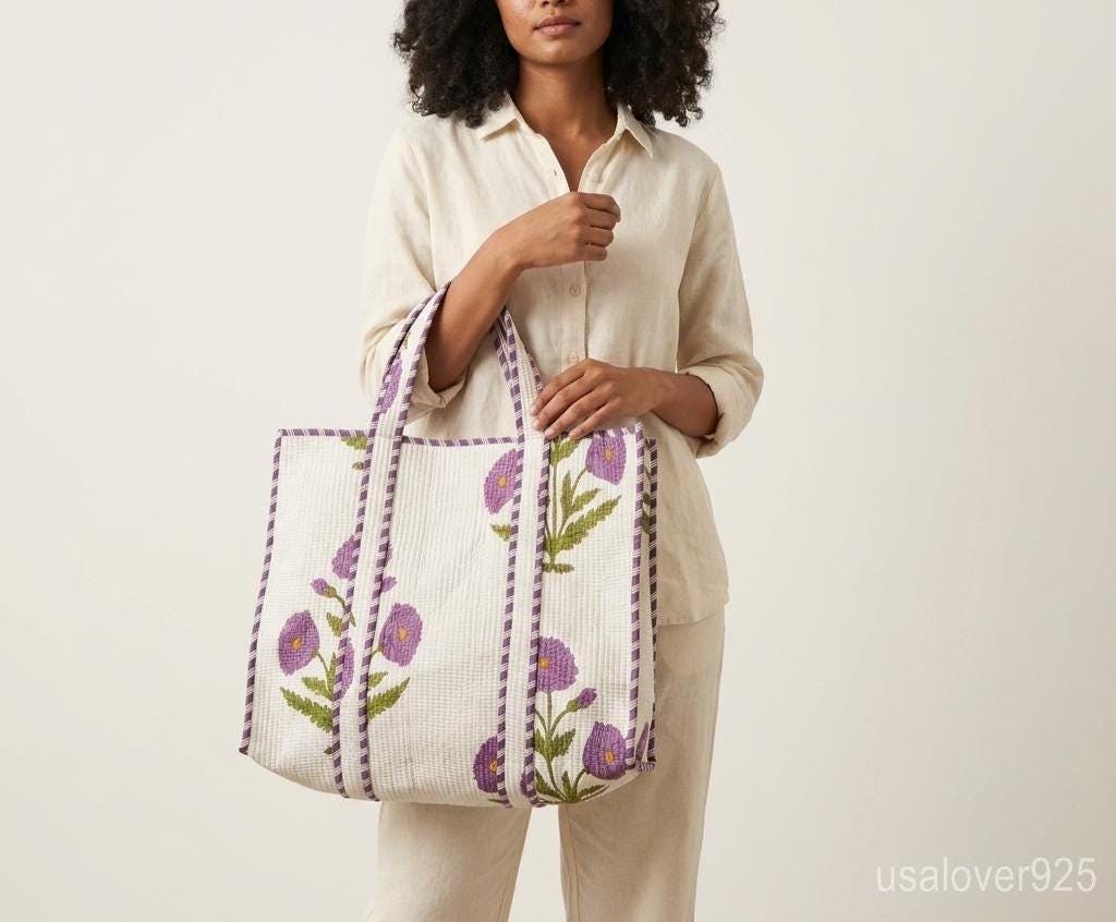 Extra Large Floral Quilted Tote, Purple Green Cotton Boho Shoulder Bag