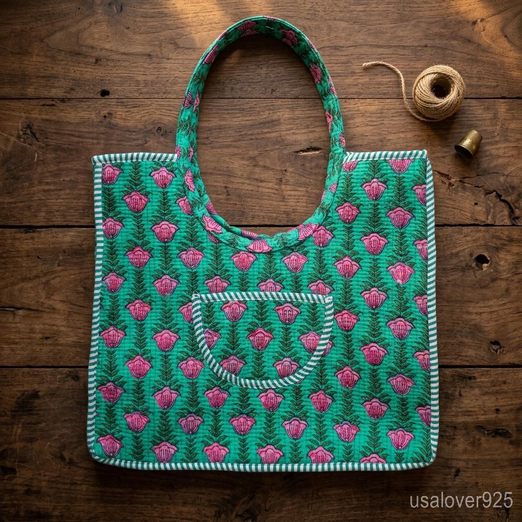 Floral Quilted Cotton Tote Bag, Indian Ethnic Travel Shopper, Handmade Artisan Handbag her