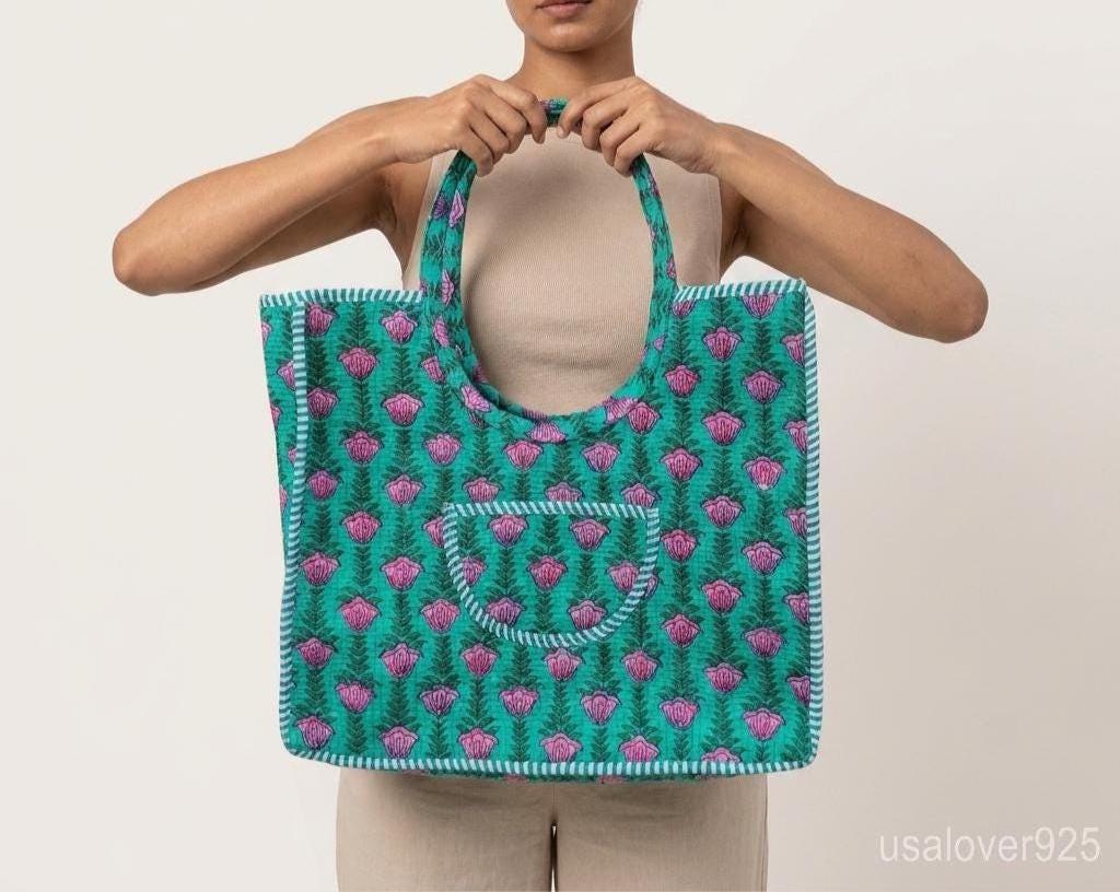 Floral Quilted Cotton Tote Bag, Indian Ethnic Travel Shopper, Handmade Artisan Handbag her