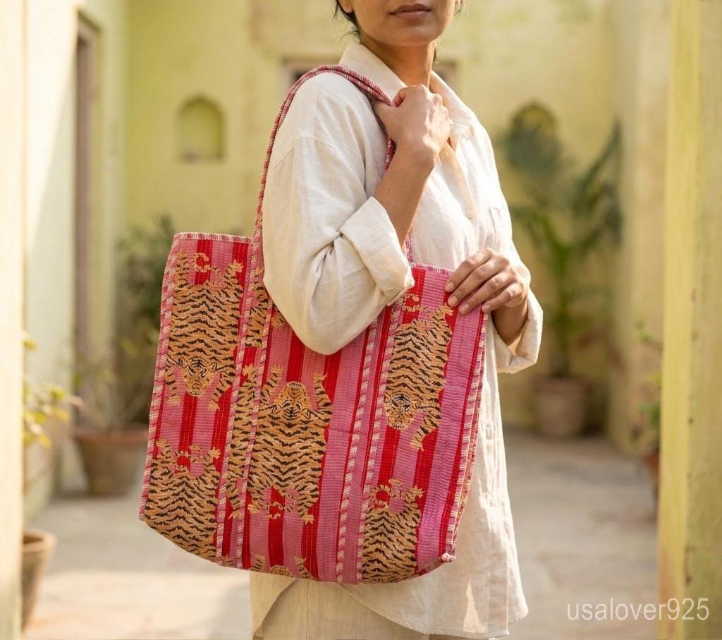 Pink Tiger Print Reversible Quilted Tote, Large Cotton Boho Shopper, Ethnic Indian Travel Bag