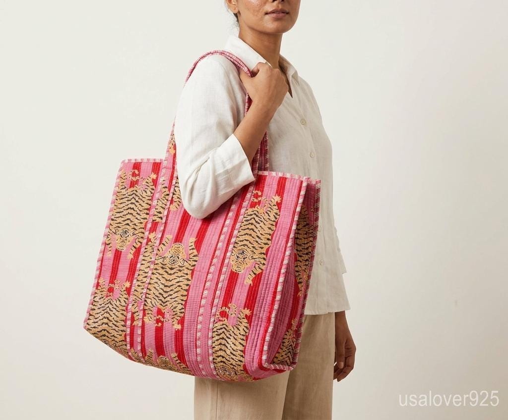 Pink Tiger Print Reversible Quilted Tote, Large Cotton Boho Shopper, Ethnic Indian Travel Bag