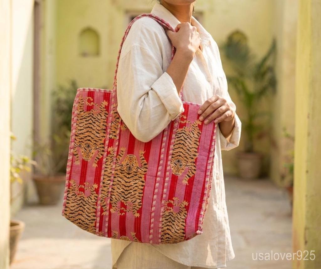 Pink Tiger Print Reversible Quilted Tote, Large Cotton Boho Shopper, Ethnic Indian Travel Bag
