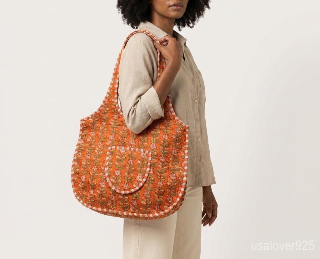 Orange Floral Quilted Boho Tote, Zippered Cotton Shoulder Bag, Handcrafted Ethnic Shopper her
