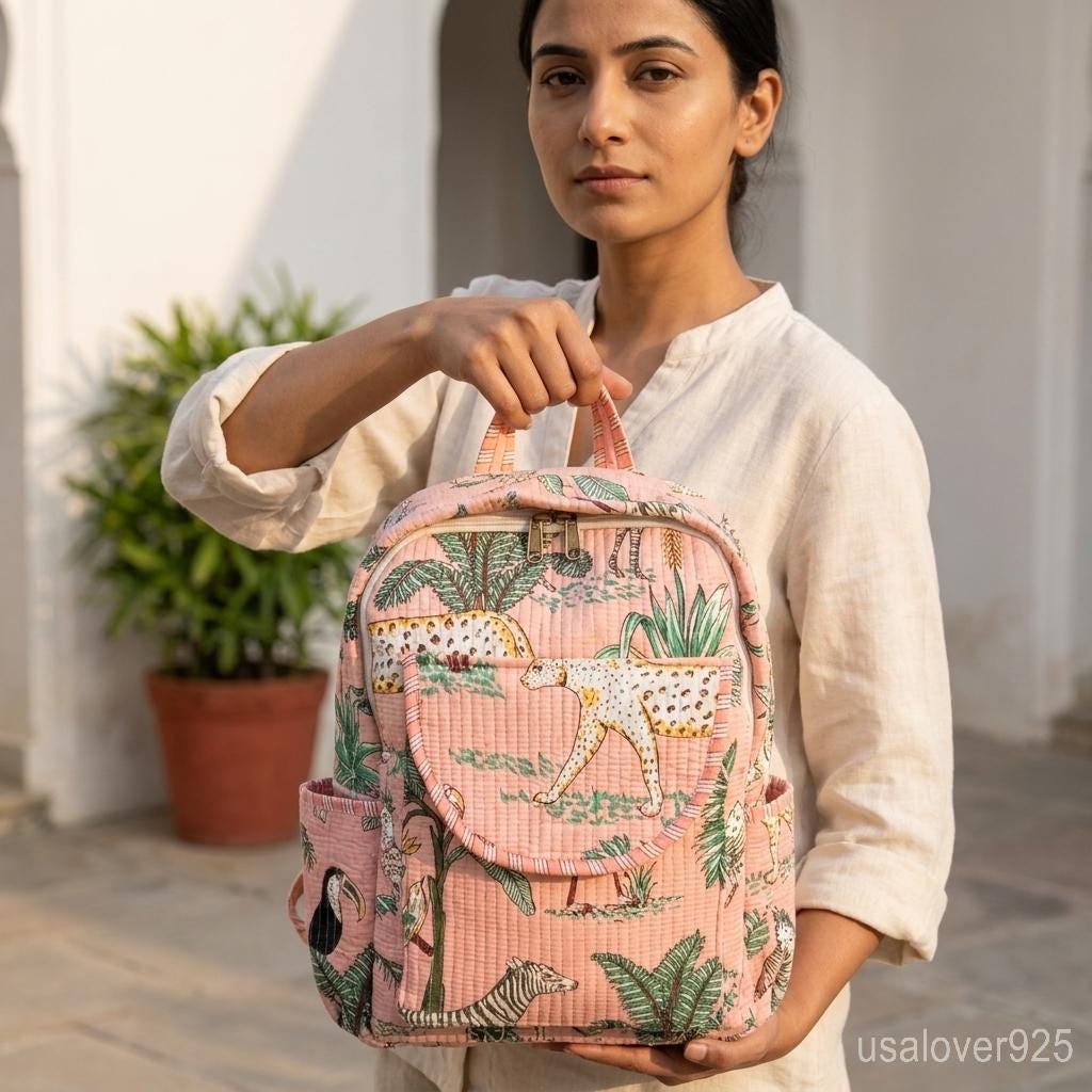 Peach Jungle Print Quilted Backpack, Cotton Boho Travel Daypack, Handmade Floral School Bag
