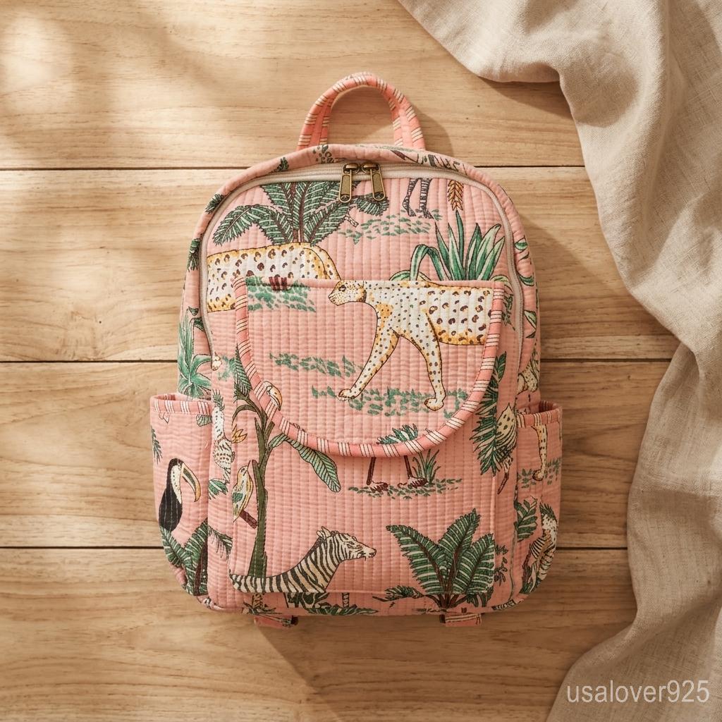 Peach Jungle Print Quilted Backpack, Cotton Boho Travel Daypack, Handmade Floral School Bag