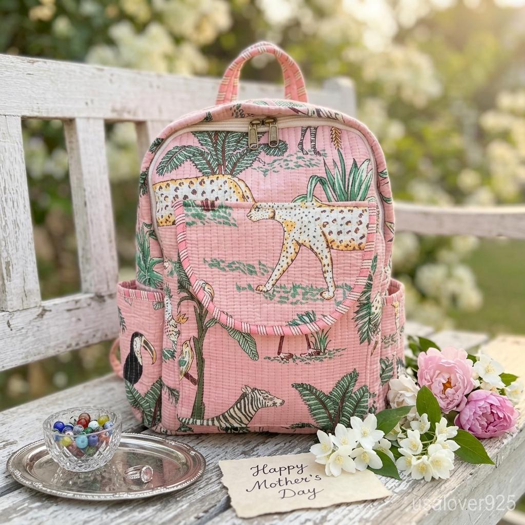 Peach Jungle Print Quilted Backpack, Cotton Boho Travel Daypack, Handmade Floral School Bag