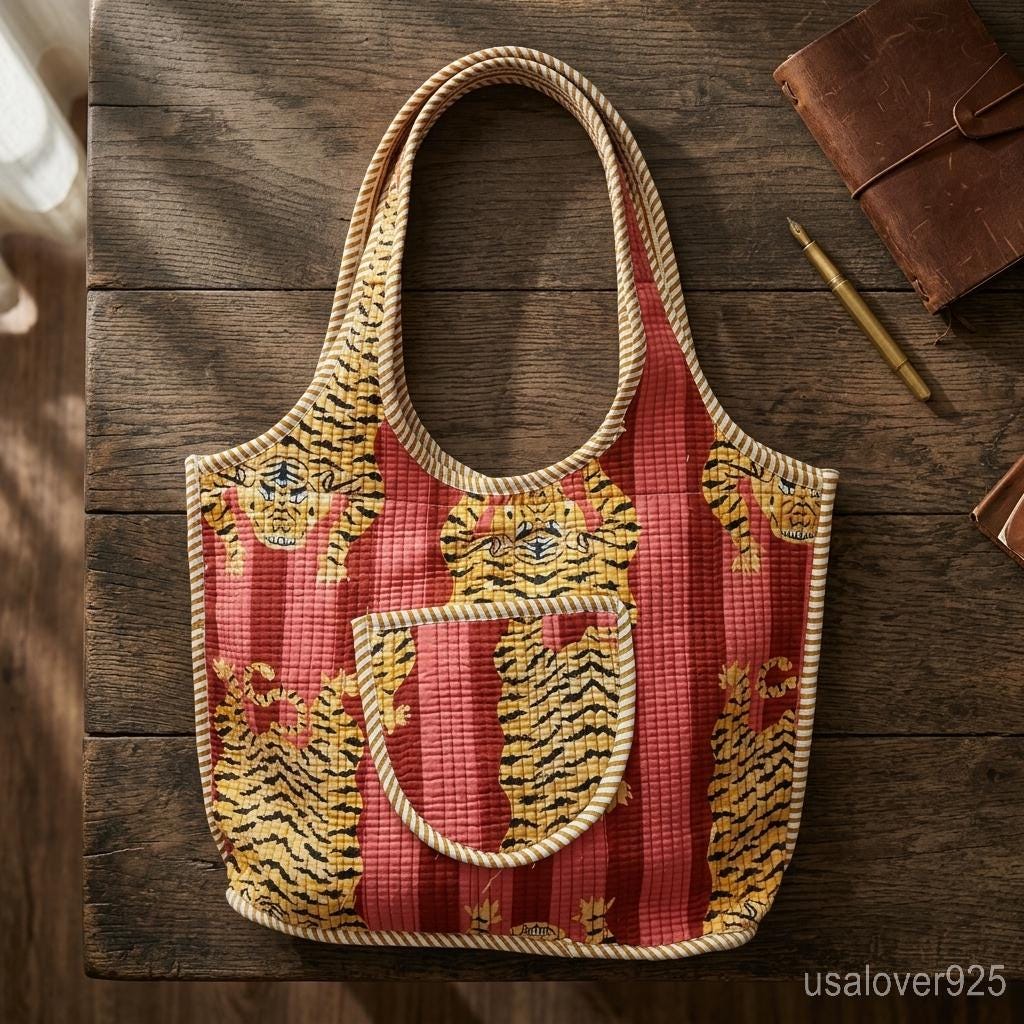 Pink Red Tiger Print Quilted Tote, Zippered Cotton Boho Shopper, Ethnic Indian Travel Bag