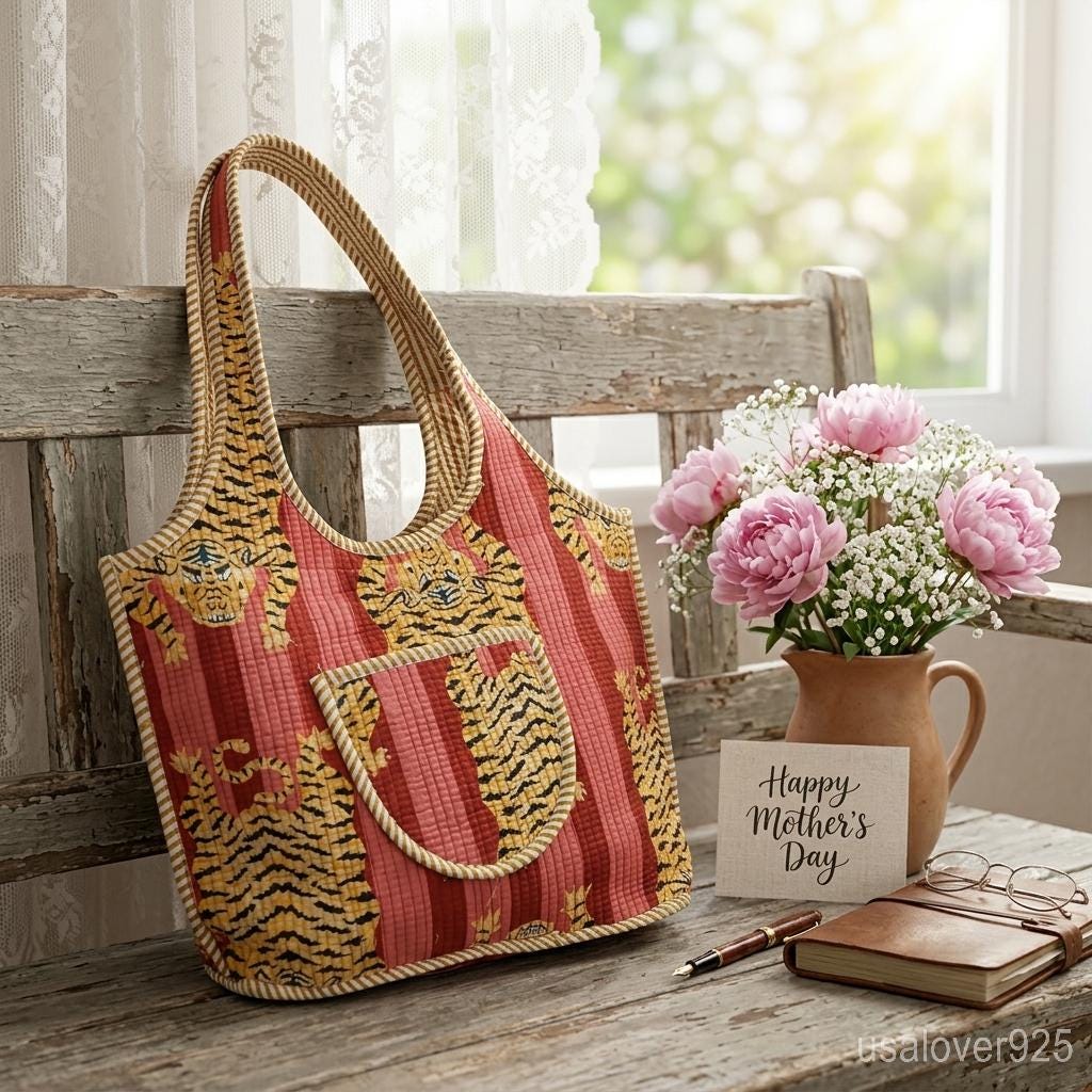 Pink Red Tiger Print Quilted Tote, Zippered Cotton Boho Shopper, Ethnic Indian Travel Bag