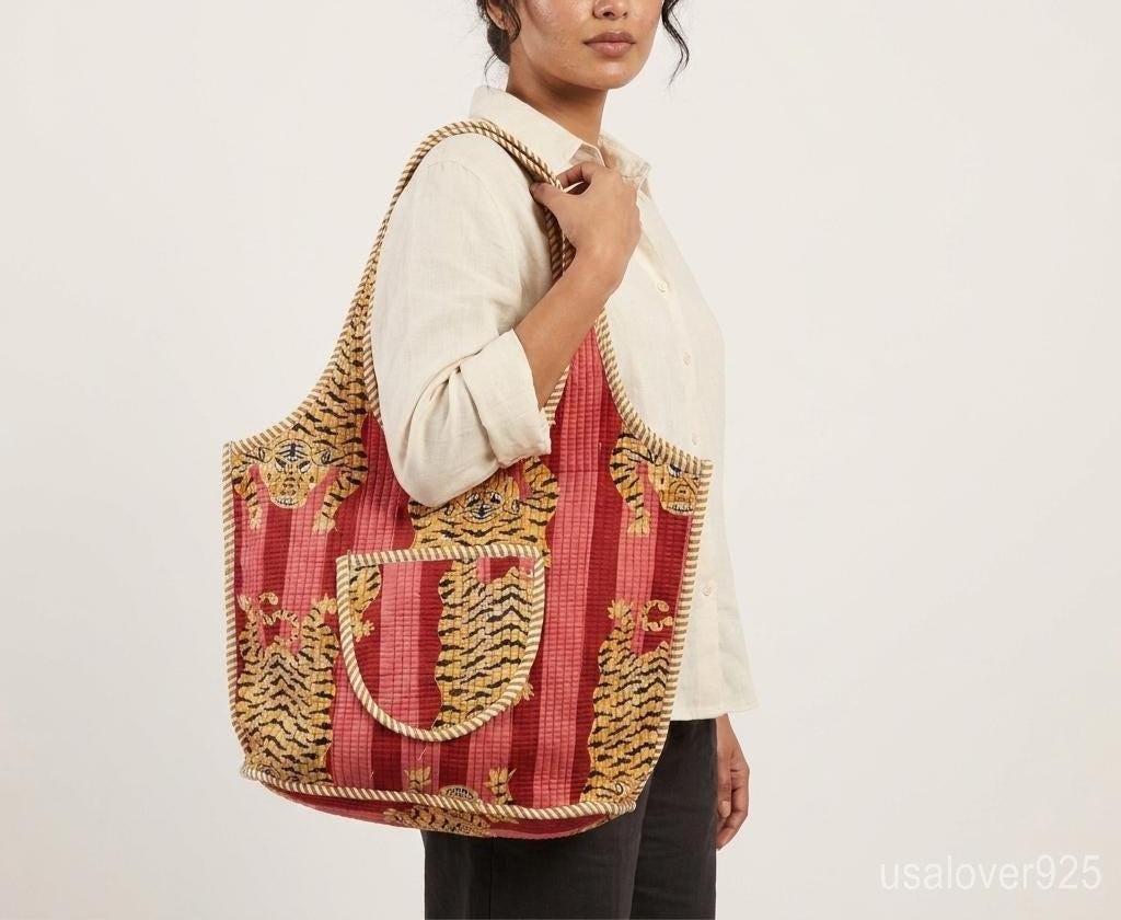 Pink Red Tiger Print Quilted Tote, Zippered Cotton Boho Shopper, Ethnic Indian Travel Bag