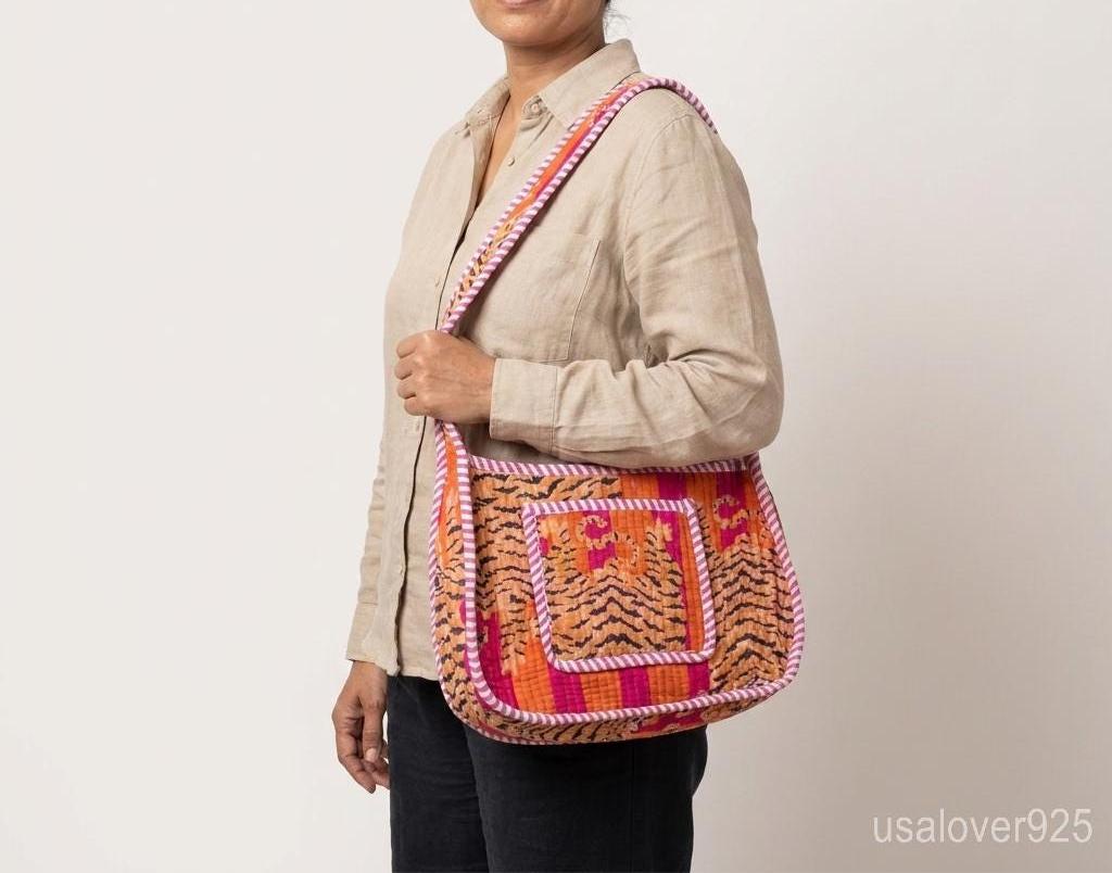 Orange Tiger Print Quilted Shoulder Bag, Cotton Boho Sling Purse, Handmade Artisan Gift