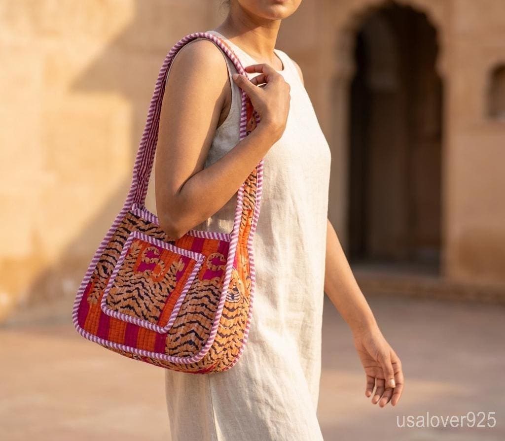Orange Tiger Print Quilted Shoulder Bag, Cotton Boho Sling Purse, Handmade Artisan Gift