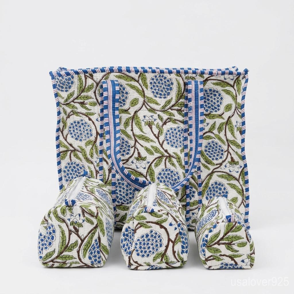 4 Piece Blue Floral Quilted Tote Set, Matching Travel Pouches, Handmade Cotton Organizer Bundle