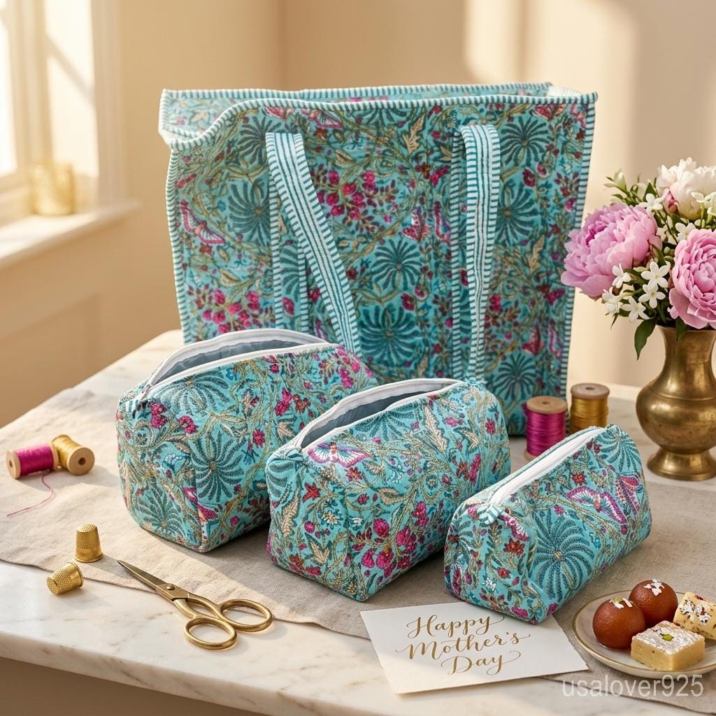 4 Piece Firozi Floral Quilted Tote Set, Turquoise Travel Pouches, Handmade Cotton Organizer Bundle