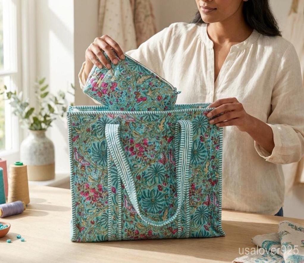 4 Piece Firozi Floral Quilted Tote Set, Turquoise Travel Pouches, Handmade Cotton Organizer Bundle