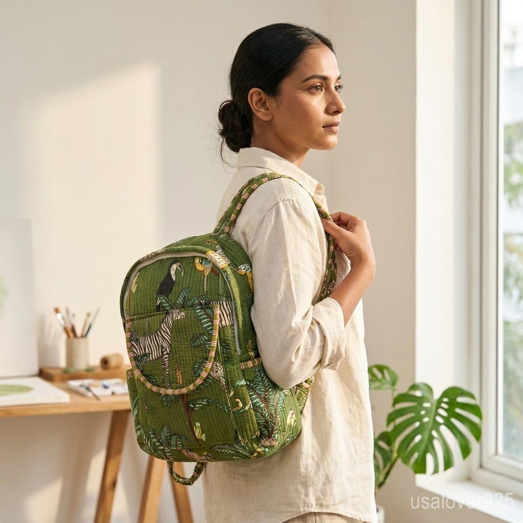 Green Jungle Print Quilted Backpack, Cotton Boho Travel Daypack, Handmade Botanical School Bag
