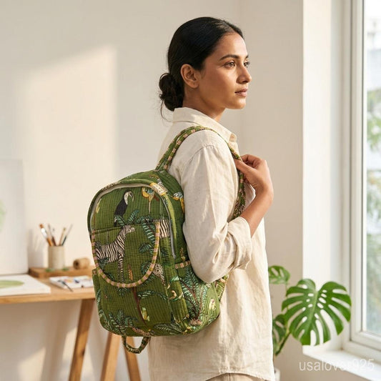 Green Jungle Print Quilted Backpack, Cotton Boho Travel Daypack, Handmade Botanical School Bag