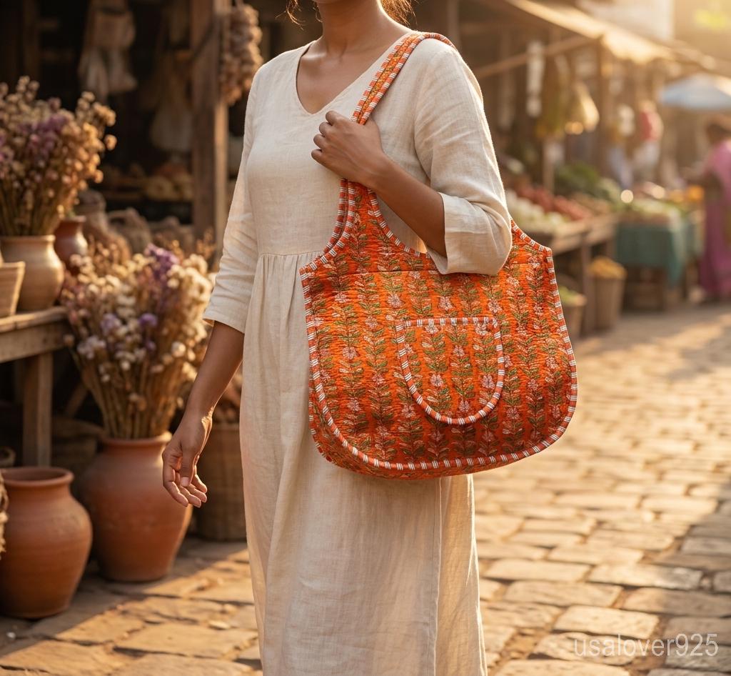 Orange Floral Quilted Boho Tote, Handmade Cotton Zipper Shopper, Ethnic Flower Shoulder Bag