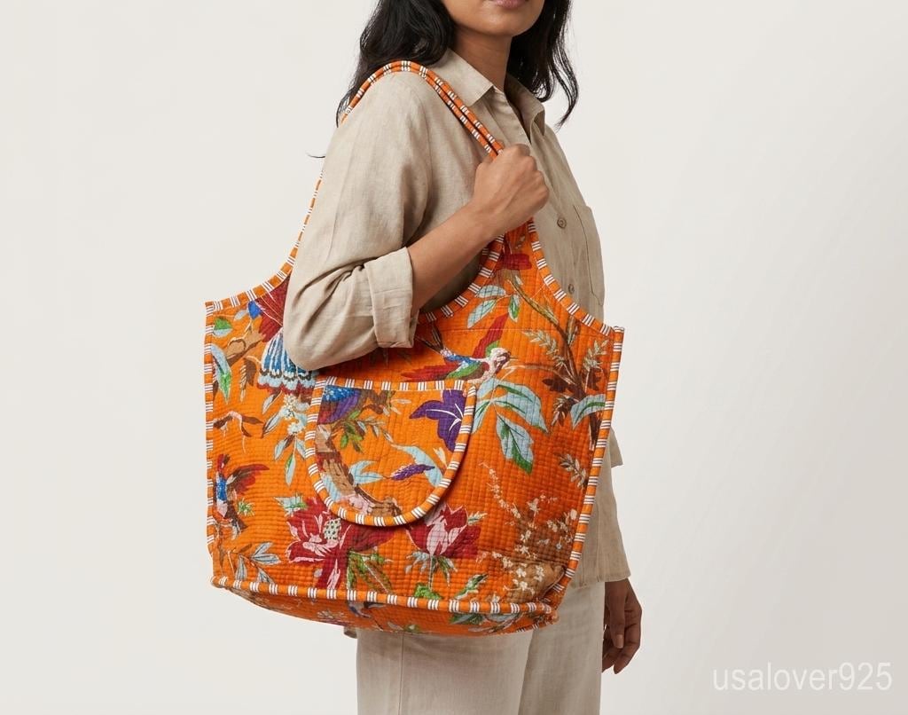 Orange Bird Print Quilted Cotton Tote Bag, Handmade Indian Boho Shopper, Ethnic Zippered Handbag