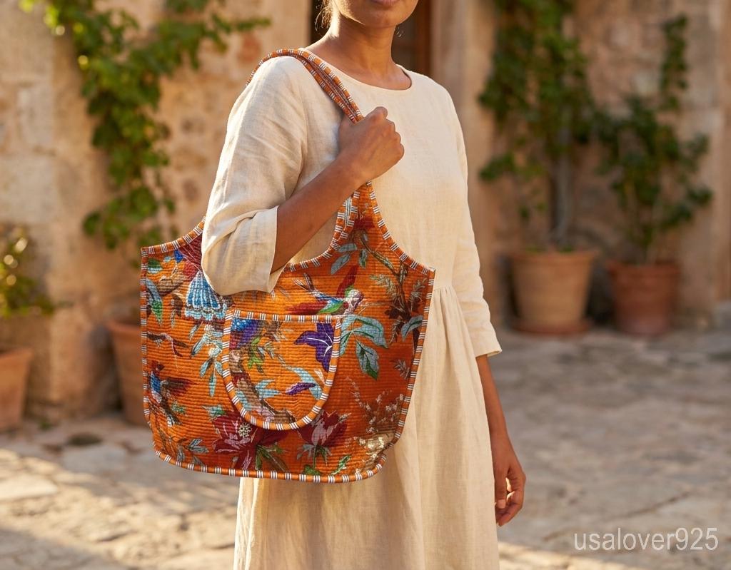 Orange Bird Print Quilted Cotton Tote Bag, Handmade Indian Boho Shopper, Ethnic Zippered Handbag