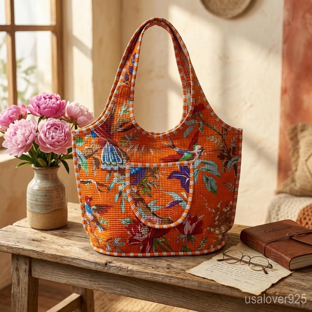 Orange Bird Print Quilted Cotton Tote Bag, Handmade Indian Boho Shopper, Ethnic Zippered Handbag