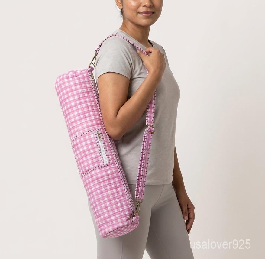 Pink Gingham Yoga Mat Carrier, Quilted Cotton Pilates Tote, Adjustable Strap Pocket, Handmade Bag