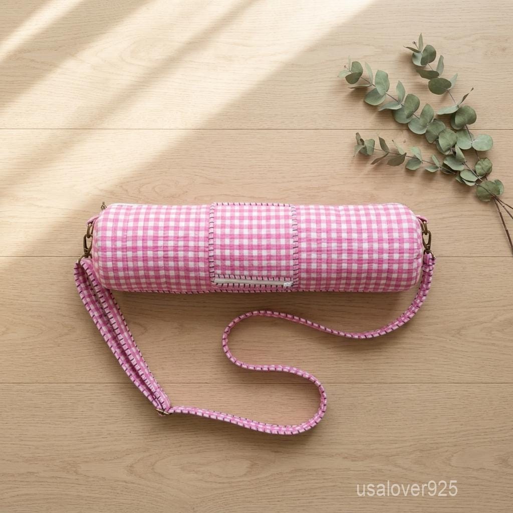 Pink Gingham Yoga Mat Carrier, Quilted Cotton Pilates Tote, Adjustable Strap Pocket, Handmade Bag