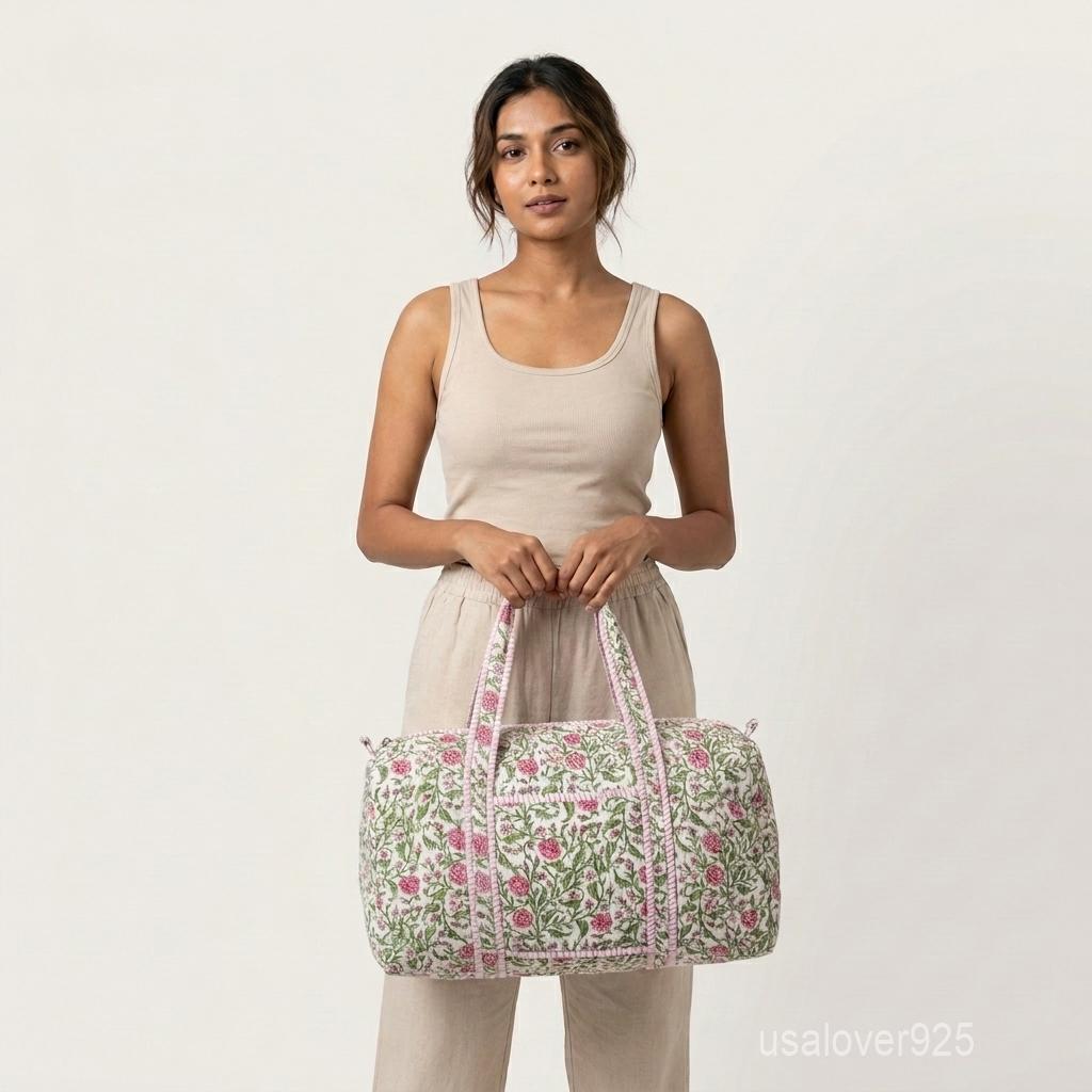 Floral Quilted Weekender Bag, Handmade Cotton Duffle, Block Print Travel Tote, Overnight Carryall Gift