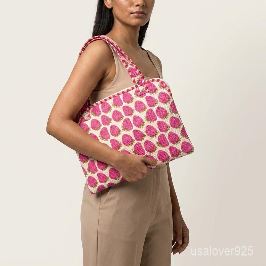 Pink Strawberry Laptop Sleeve, Quilted Cotton MacBook Case, Handmade Padded Laptop Bag Handles